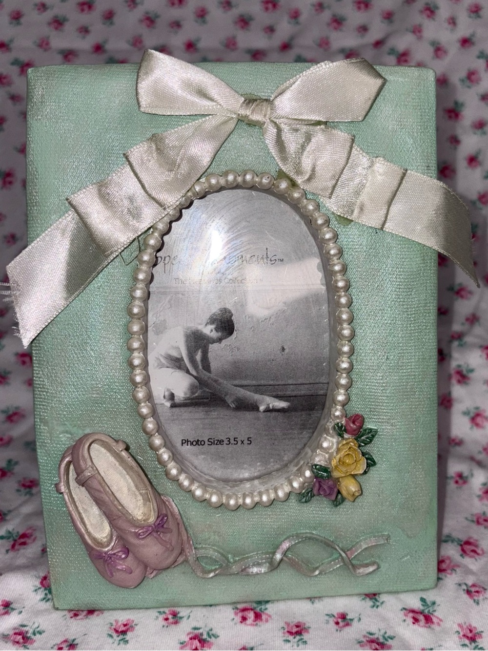 Vintage picture frame pastel ceramic 3D floral rose  with bow coquette
